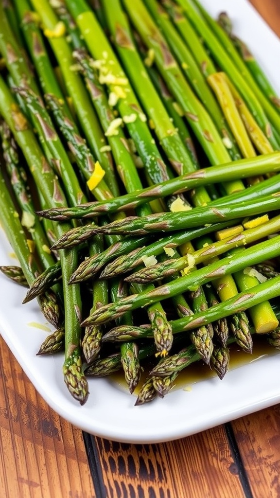 A plate of golden roasted asparagus drizzled with olive oil and garnished with lemon zest.